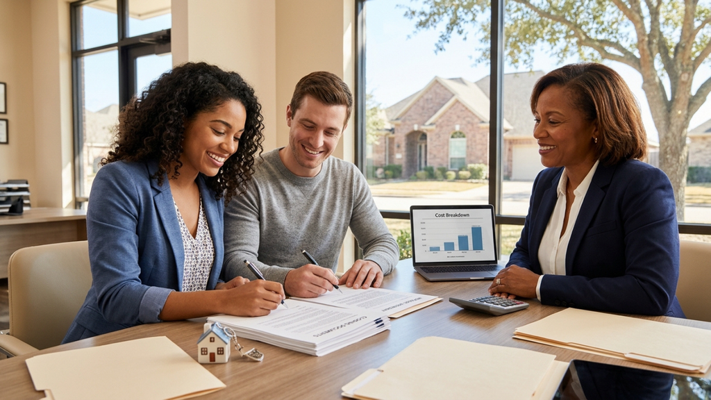 Homebuyers reviewing how much are closing costs in Texas with a closing agent